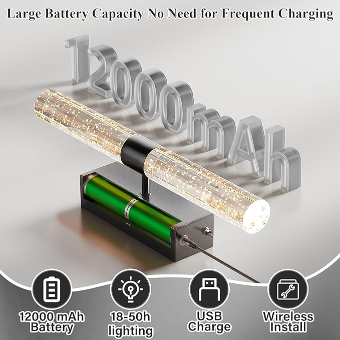 camuucci Battery Operated Black Wall Sconces Set of 2 Rechargeable Battery Powered Wall Light with 12000mAh Indoor Not Hardwired Dimmable Wall Lamp Fixtures for Bedroom Living Room 15.3 Inches