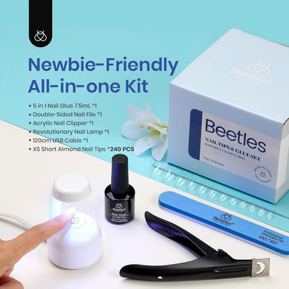 Beetles Gel Nail Extension Kit Almond Shape, Easy 9 in 1 Glue Uv Led Set Etch X Nail Tips Short Almond Half Matte Tips, Gift for Women & Girls, 504 pcs