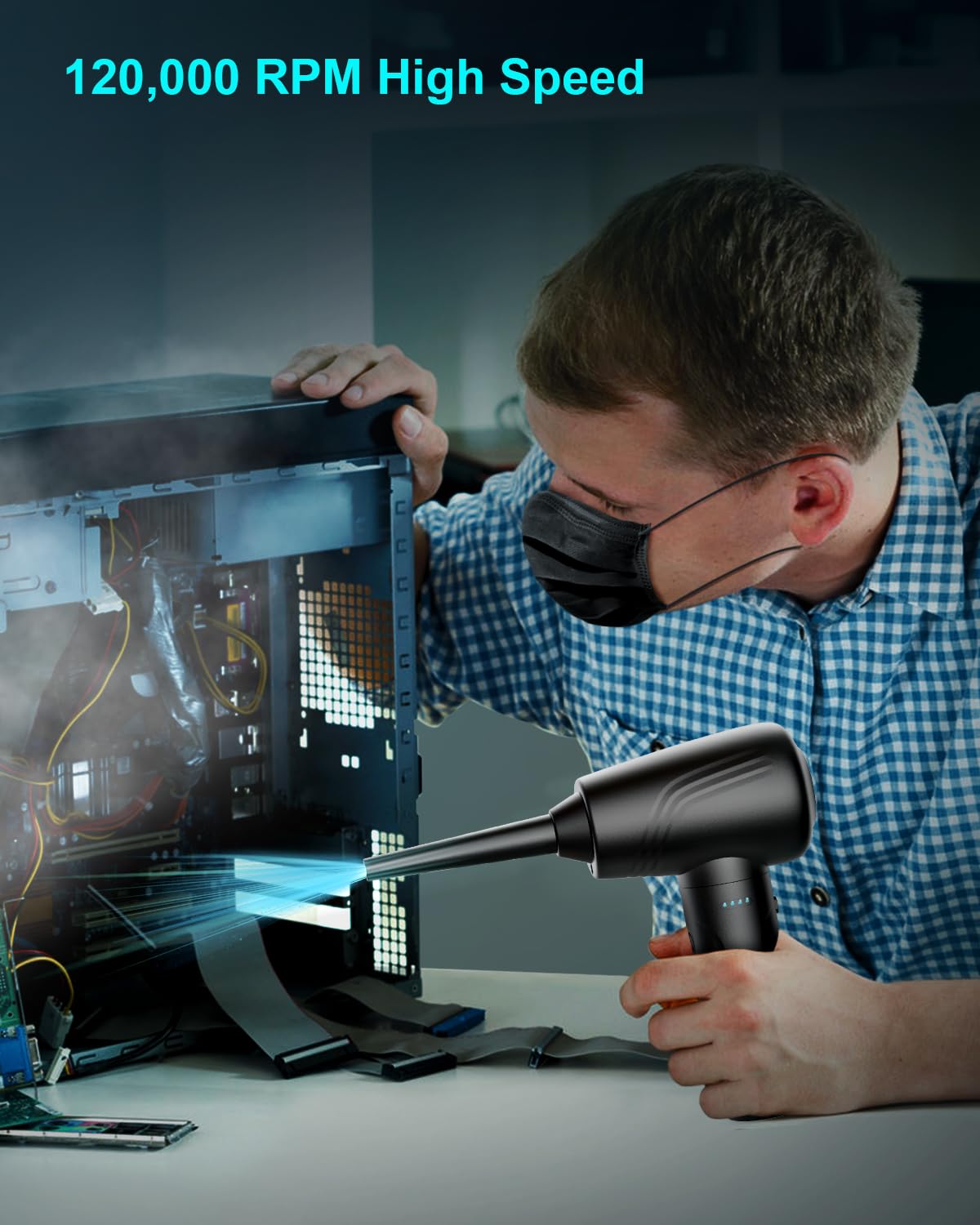 BANKKY 11-in-1 Compressed Air Duster, 3-Gear Adjustable 120000 RPM Electric Air Duster with LED Light, Reusable no Canned Keyboard Cleaner for Office, 9000mAh Cordless Air Duster for Computer/Car