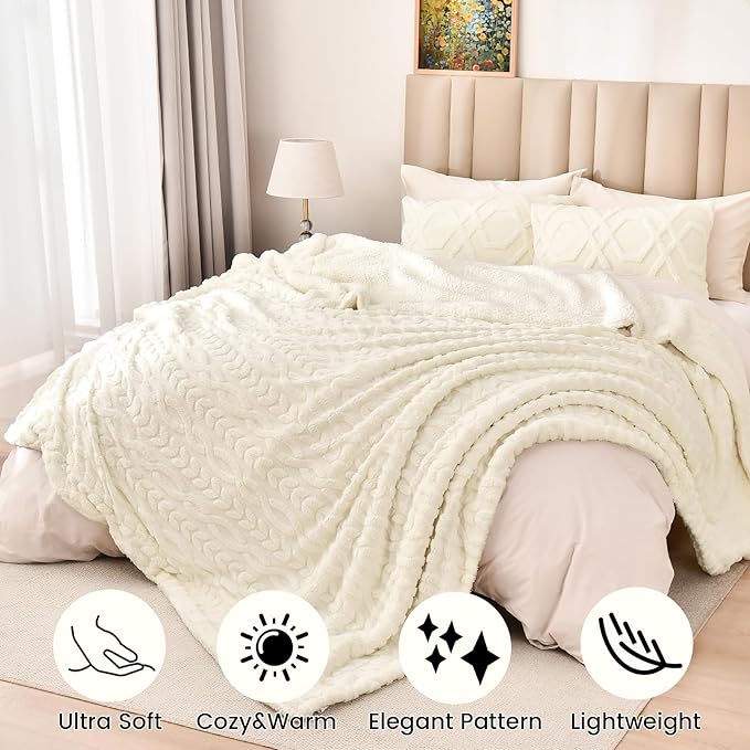 PHF Fluffy Sherpa Blanket Twin Size for Winter, Warm and Soft, 510GSM 3D Jacquard Thick Shaggy Fleece Plush Blanket for Sofa Bed, Cream, 60"x80"
