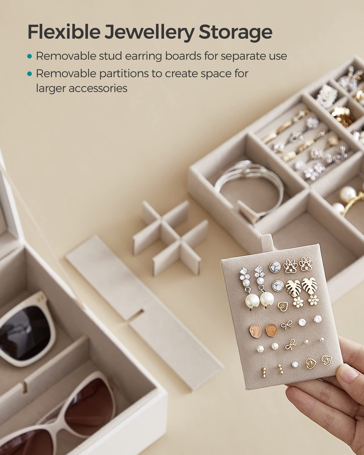 SONGMICS 2-Layer Jewellery Box, Jewellery Organiser with Handle, Removable Jewellery Tray, Jewellery Storage, Floating Effect, 20.5 x 24 x 11 cm, Gift Idea, White JBC165W01