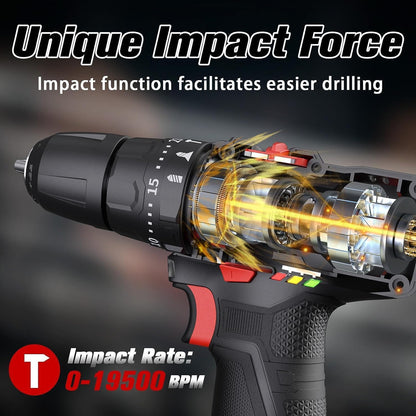 PULITUO 12V Cordless Drill and Driver Impact Tool, 35Nm of Torque, 50Pcs Bit Set, Screwdriver and Drill with 3/8" Chuck, Dual Speed 1.5Ah Battery, LED Light for Cement, Concrete, Ceiling, Brick, Wall