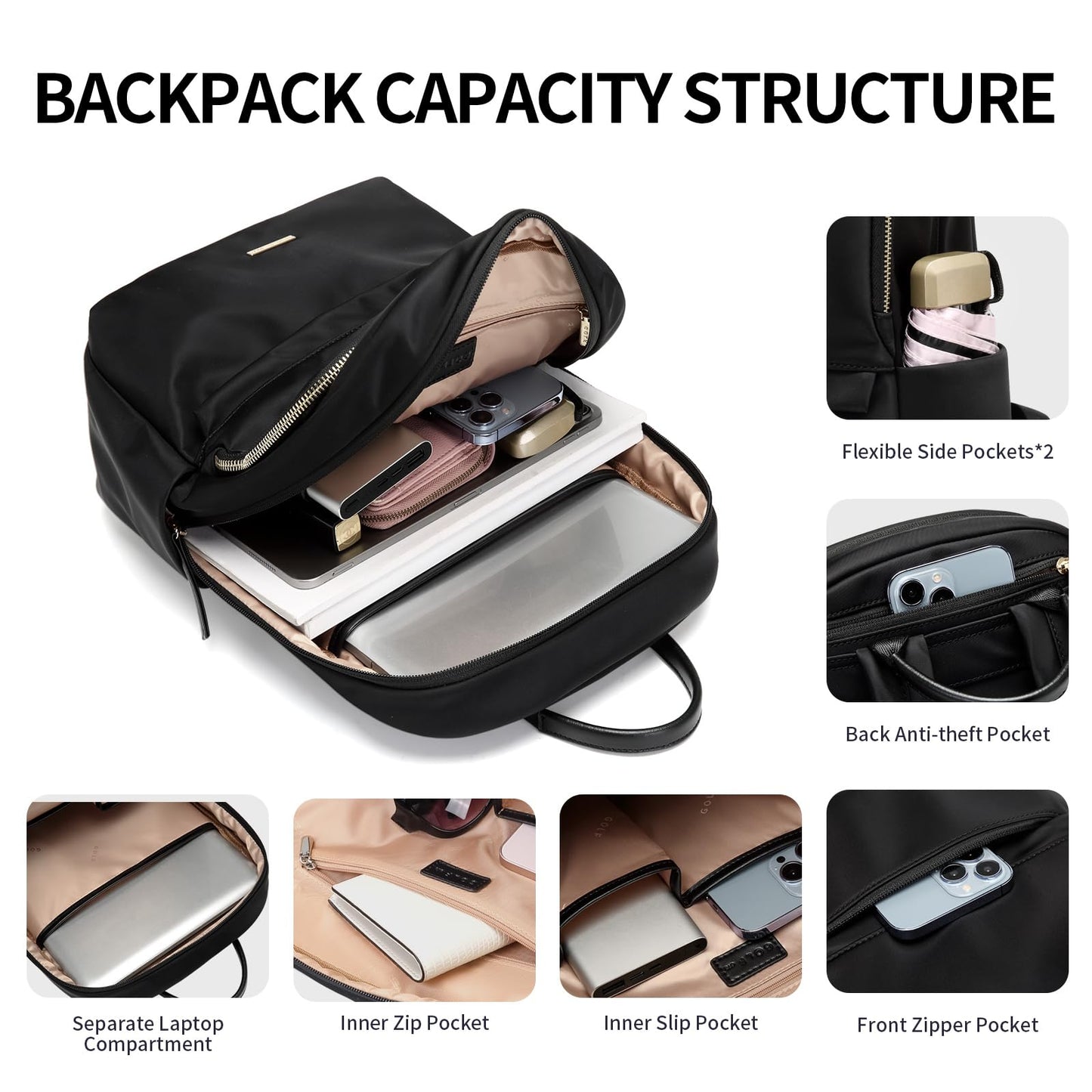 GOLF SUPAGS Laptop Backpack for Women Slim Computer Bag Work Travel College Backpack Purse Fits 15.6 Inch Notebook (Black)