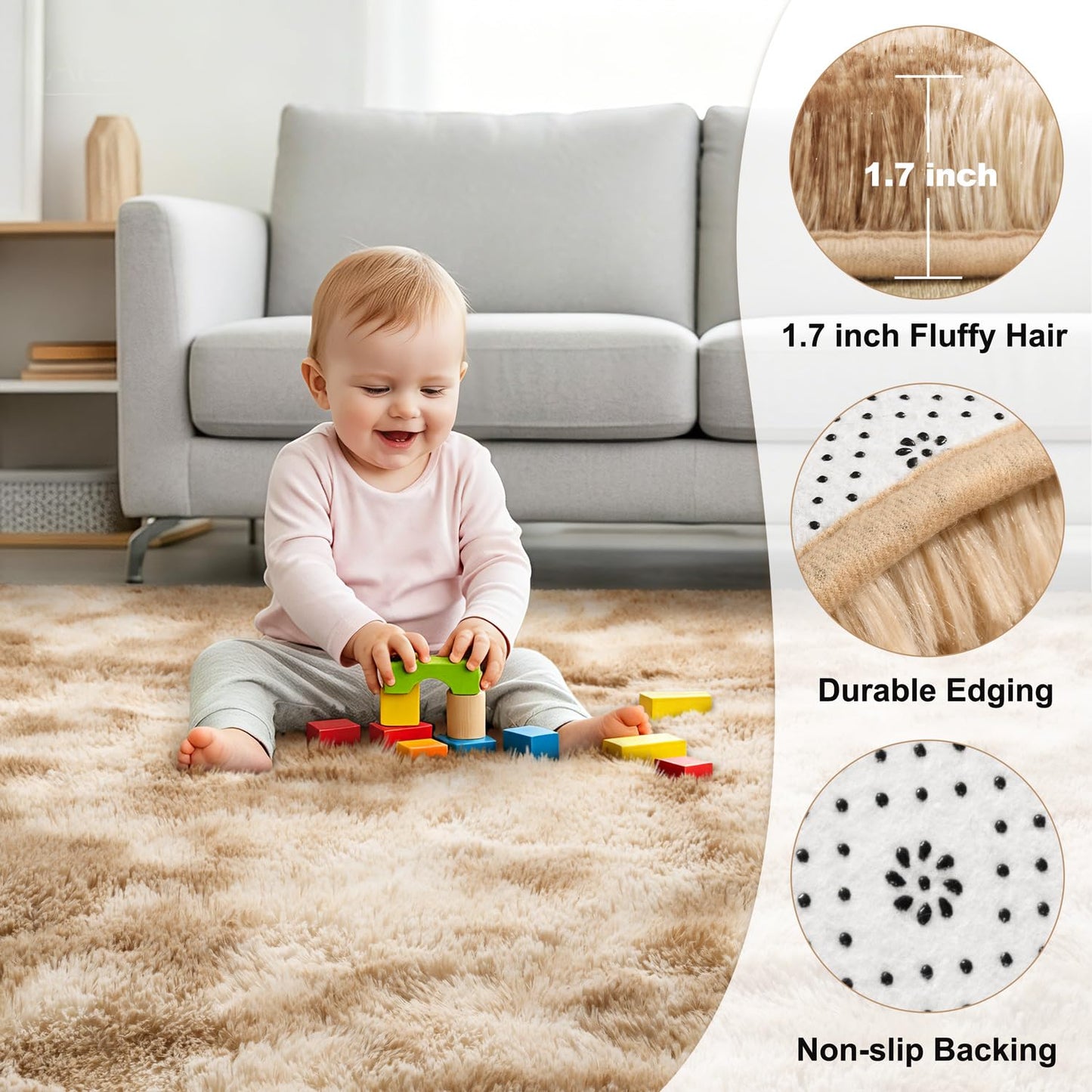 KIXINWA Round Rug for Bedroom, 5x5 Area Rug for Living Room, Fluffy Carpet for Kids Nursery Dorm Room, Soft Shag Non Slip Floor Rugs, Home Décor Carpet, Machine Washable, Tie-Dyed Camel