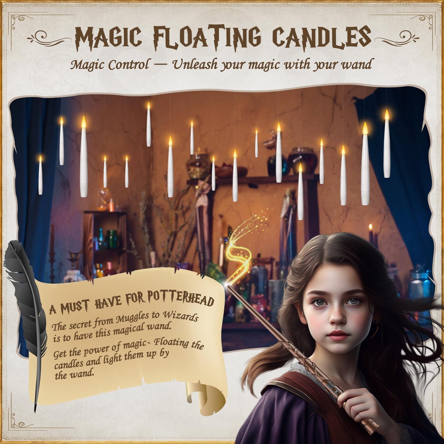 Floating Candles with Wand 10PCs - Magic Hanging Candles Halloween Decorations Flameless Taper Candles with Remote, Floating Lights Gifts for Window Home Bedroom Wedding Birthday Party Indoor Decor