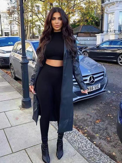 GOKATOSAU Women's Sexy 2 Piece Outfits Long Sleeve Crop Top Pants Set Club Jumpsuits Black