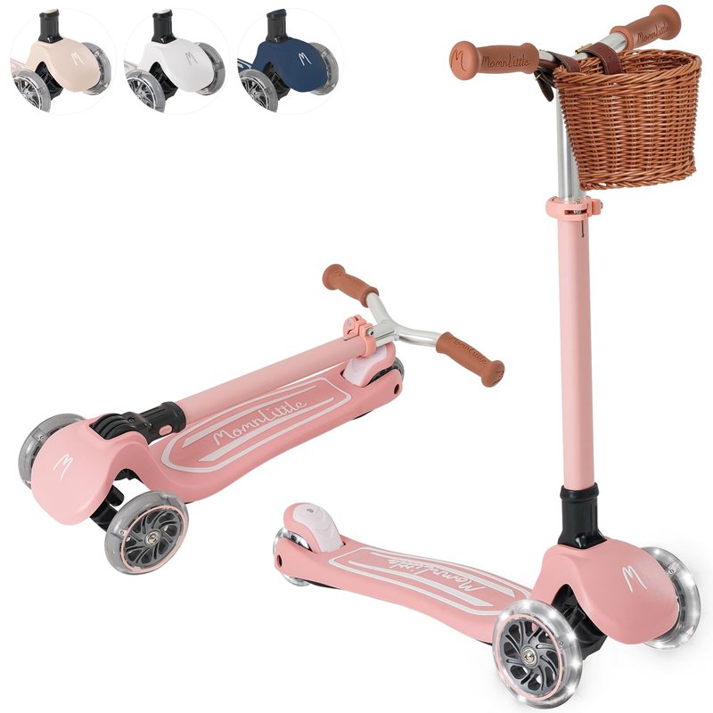 MomnLittle Toddler Scooter for Kids Ages 3-10, 3 Wheel Foldable Kick Scooter with Mini Basket, LED Light-Up Wheels, Lean-to-Steer Design, 4 Height Adjustable Handlebar for Boys and Girls, Pink