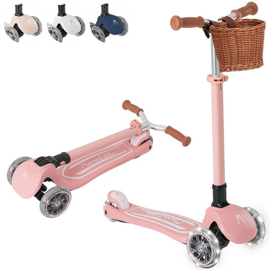 MomnLittle Toddler Scooter for Kids Ages 3-10, 3 Wheel Foldable Kick Scooter with Mini Basket, LED Light-Up Wheels, Lean-to-Steer Design, 4 Height Adjustable Handlebar for Boys and Girls, Pink