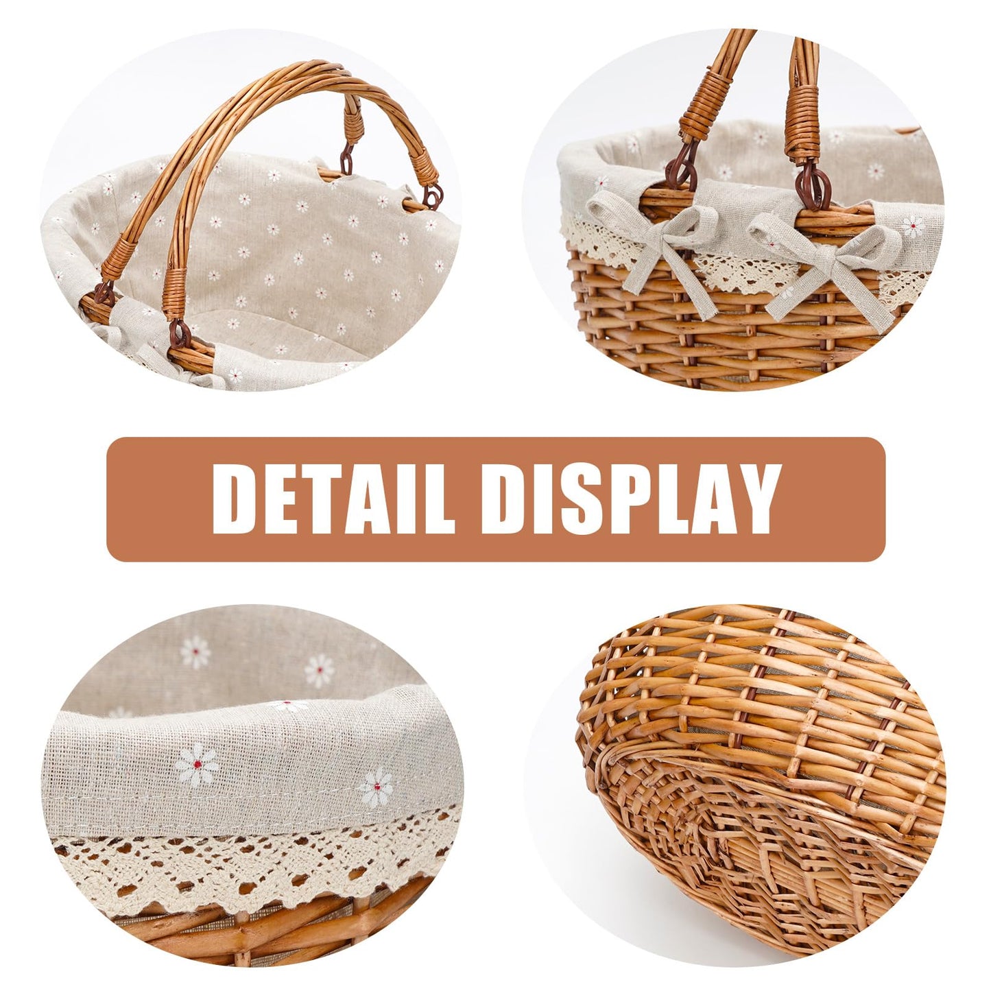 G GOOD GAIN Wicker Picnic Basket with Double Folding Handles,Willow Picnic Hamper,Natural Hand Woven Easter Basket,Easter Eggs and Candy Basket,Bath Toy and Kids Toy Storage,Gift Packing Basket.White