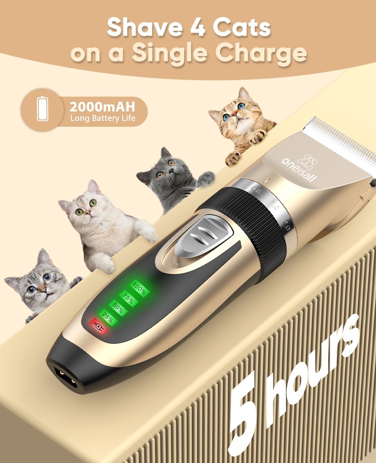 oneisall Quiet Cat Clippers for Matted Hair, 2-Speed Cordless Cat Grooming Kit Low Noise Pet Clipper Shaver for Dogs Cats Animals (Gold)