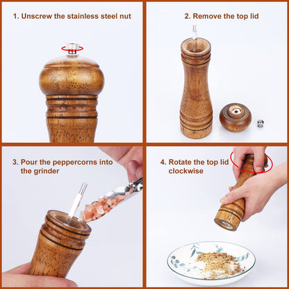 Gulex® Wood Pepper Grinder Pepper Mill,Adjustable Coarseness 8 Inch Wooden Peppermill, Ceramic Grinding Mechanism Salt Mill Refillable (1 pack)