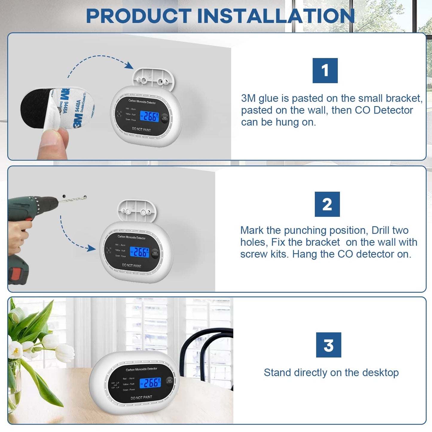 Carbon Monoxide Detector with LCD Digital Display, CE Certified CO Alarm with Sealed in 10 Year Battery, Standalone Audible CO Detector for Home,Black,1 Pack