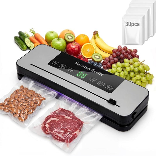 Vacuum Sealer Machine - 6-in-1 One-Touch Automatic Food Saver with Built-in Cutter | Dry & Wet Modes, Digital Timer, 30 Bags - Grey