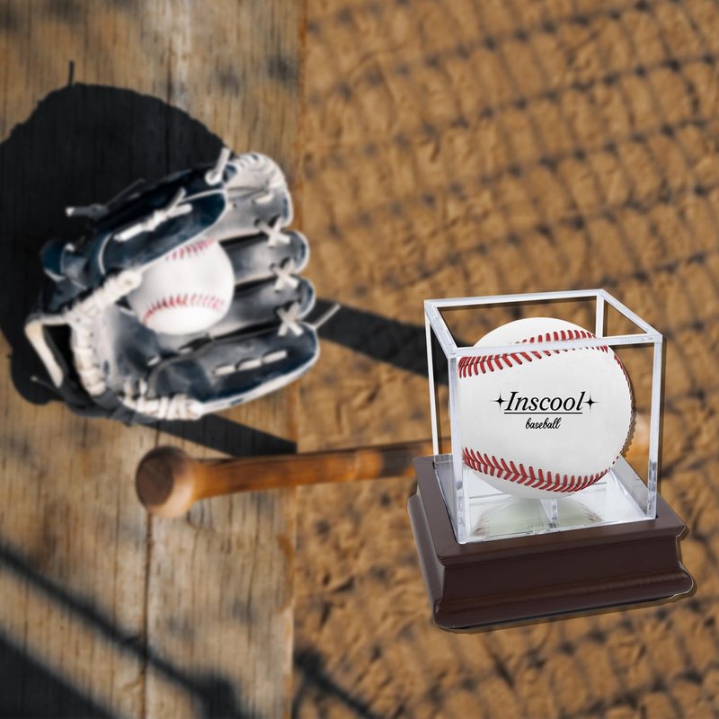 Baseball Display Case, Acrylic Baseball Holder with Wooden Base, UV Protected Acrylic Baseball Display Cube,Baseball Case for Autographed Baseball,Memorabilia Baseball (Wooden Base with Mirror)