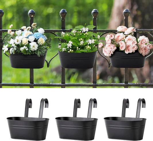 Quintathletic 3PCS Metal Wrought Hanging Decorative Flower Pot Rack Suitable for Outdoor Railing Fence Window Balcony with Removable Hook