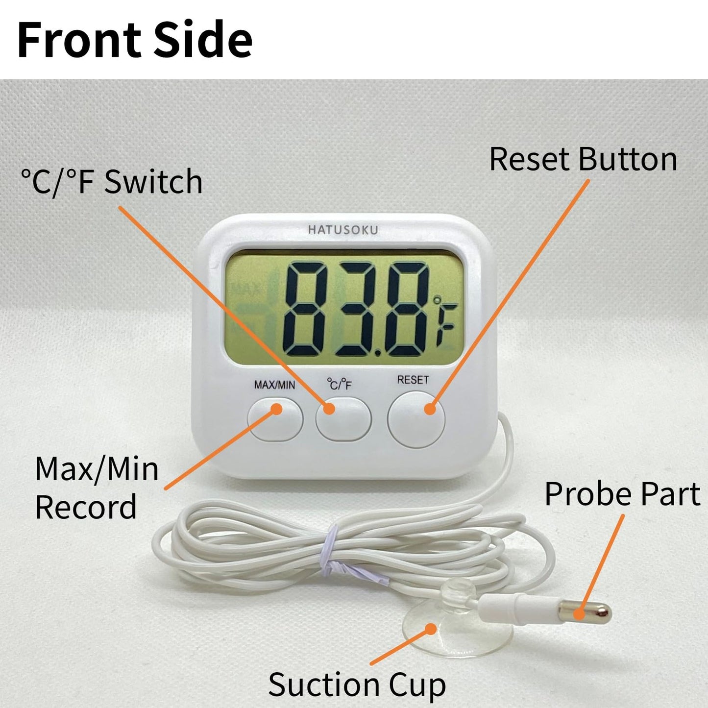 Digital Thermometer with External Sensor, Magnet, Suction Cup, Water Thermometer, Aquarium, Refrigerator, Freezer (White)