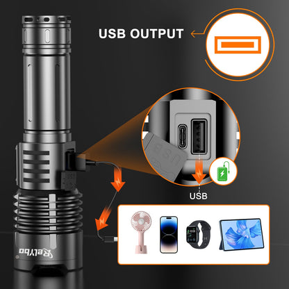Relybo Torches LED Super Bright 1000000 Lumen, Rechargeable Torch Flashlight, Powerful Torches Battery Powered, 2 Switches, 4 Lighting Mode, High Powered Torch for Dog Walking Camping Hiking Emergency