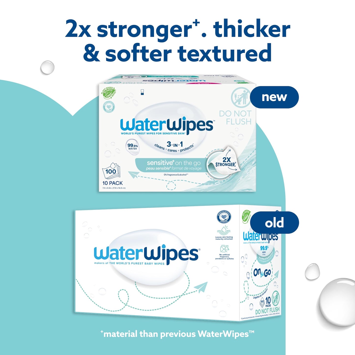 WaterWipes Sensitive+ On The Go Wipes, 100 Count (10 Packs), 3-In-1 Cleans, Cares, Protects, 99.9% Water, Unscented Wet Wipes