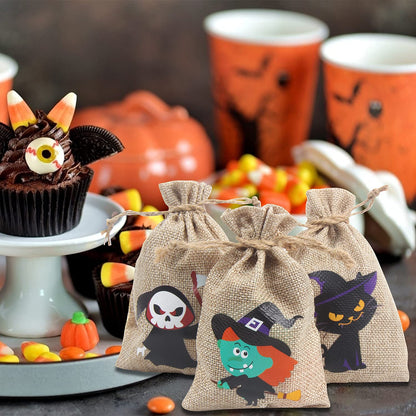 DERAYEE Halloween Burlap Treat Bags with Drawstrings, 6"x 8" Gift Candy Bags Goodie Bag for trick or treat Kids Halloween Party Favor 18Pcs