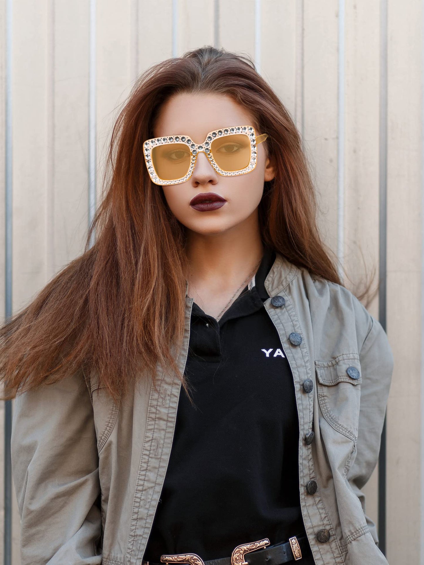 Frienda 2 Pieces Oversize Square Sparkling Sunglasses Retro Thick Frame Sunglasses for Women(Clear Pink, Clear Tawny)