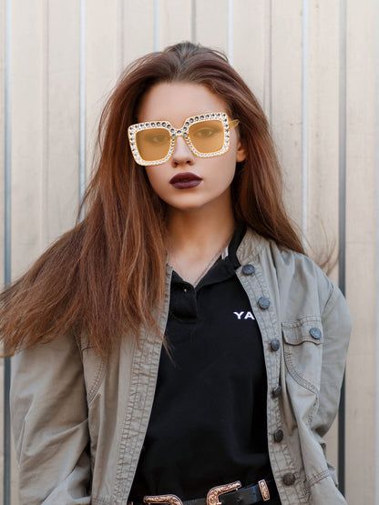 Frienda 2 Pieces Oversize Square Sparkling Sunglasses Retro Thick Frame Sunglasses for Women(Clear Pink, Clear Tawny)