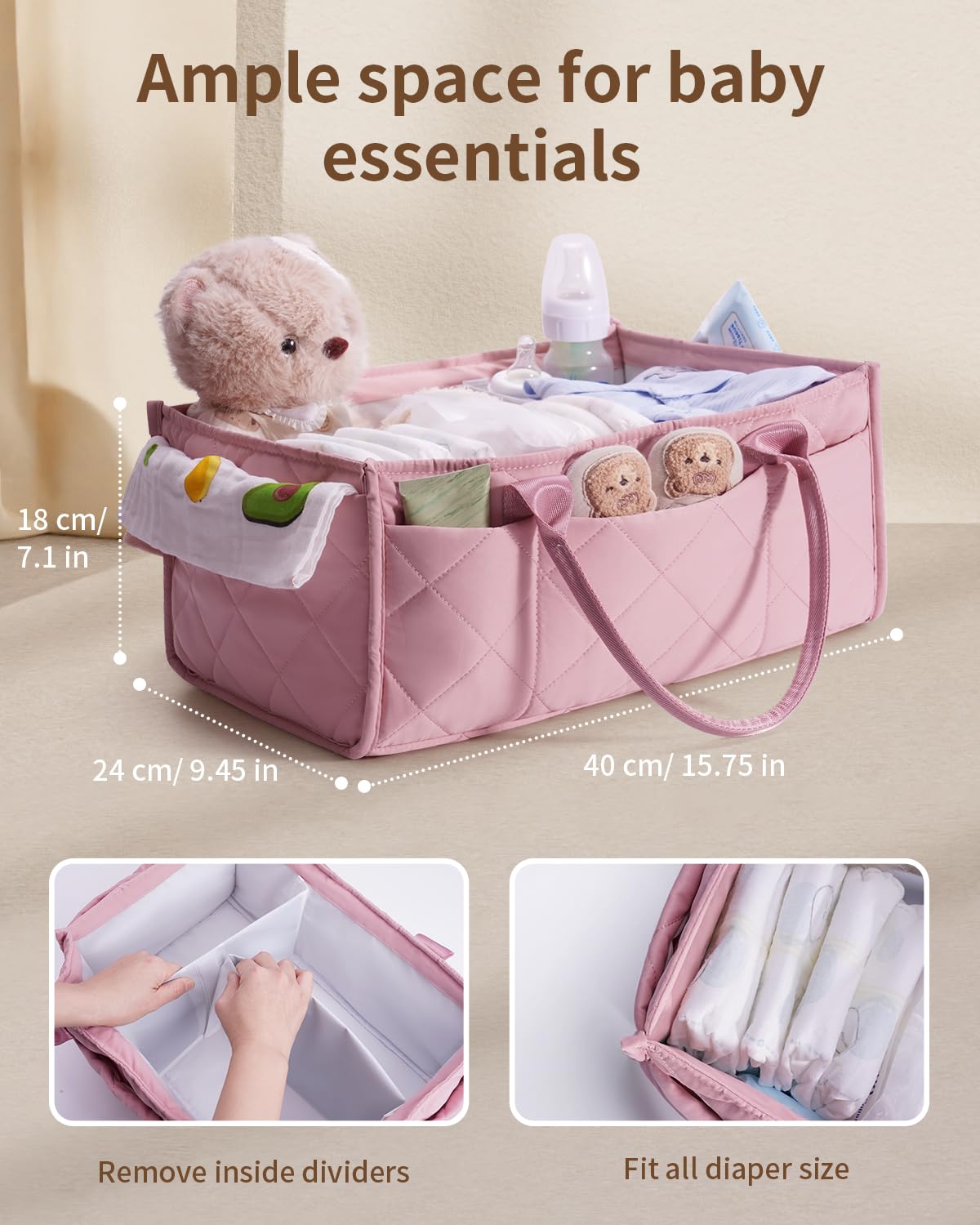 CEI-CEI Baby Diaper Caddy Organizer Large Nursery Storage Basket with Handles for Newborn Essentials, Portable Car Organizer for Diapers(Pink)