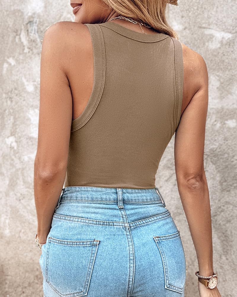 CHICME Tank Tops with Built in Bras Athletic Tank Tops for Women Ribbed Tank Top Running Tops Khaki-M