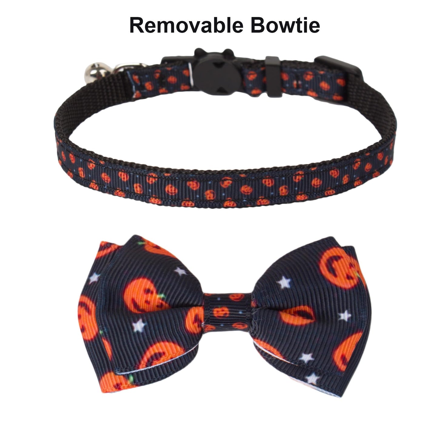 PTDECOR Halloween Cat Collars with Bow Tie Bell, 2 Pack Breakaway Kitten Collar with Removable Bowtie Pumpkin Halloween Collar for Girl Boy Cats (Black & Yellow)