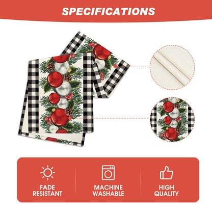 Artoid Mode Black White Buffalo Plaid Xmas Ball Holly Christmas Table Runner, Winter Kitchen Dining Table Decoration for Outdoor Home Party 13x36 Inch