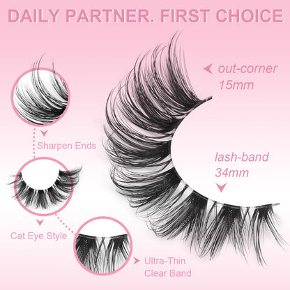 False Eyelashes Clear Band Natural Lashes Wispy Cat Eye 15mm Russian D-Curl Lashes Extension Strip Eyelashes Pack by Kiromiro