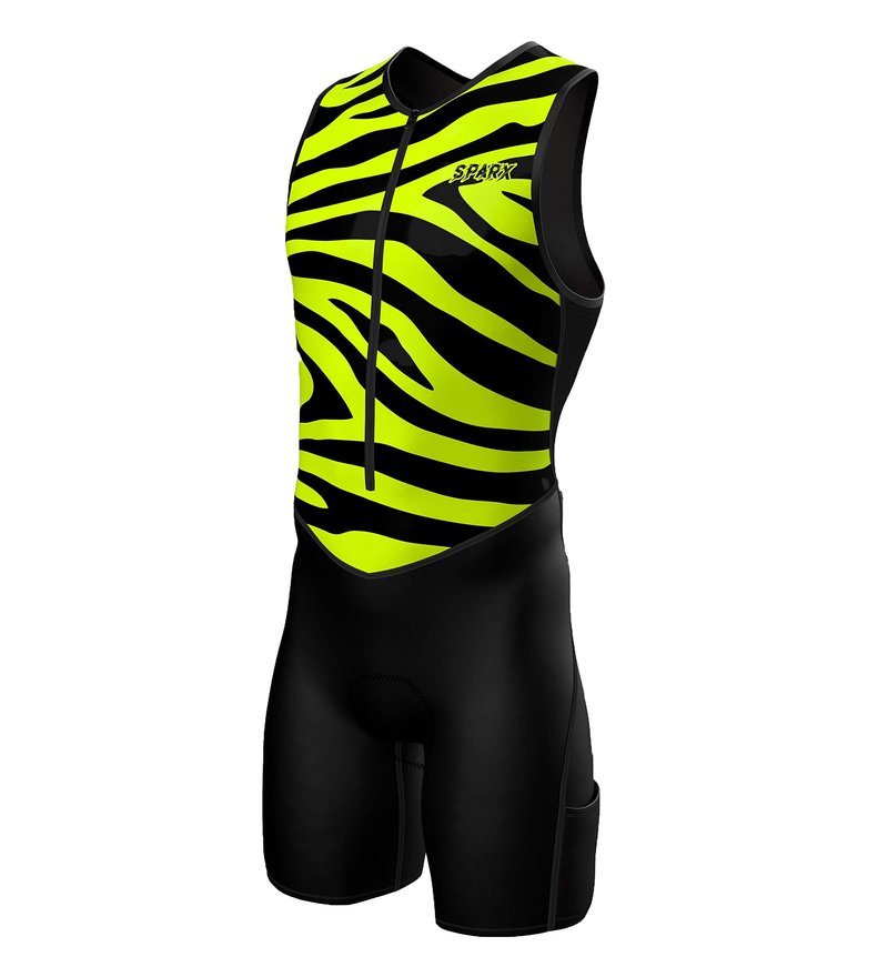 Sparx Men's Premium Triathlon Suit – Padded, Quick-Dry, Compression Fit, Lightweight Tri Suit for Swim, Bike, Run Race & Training (Yellow Tiger, 2XL)