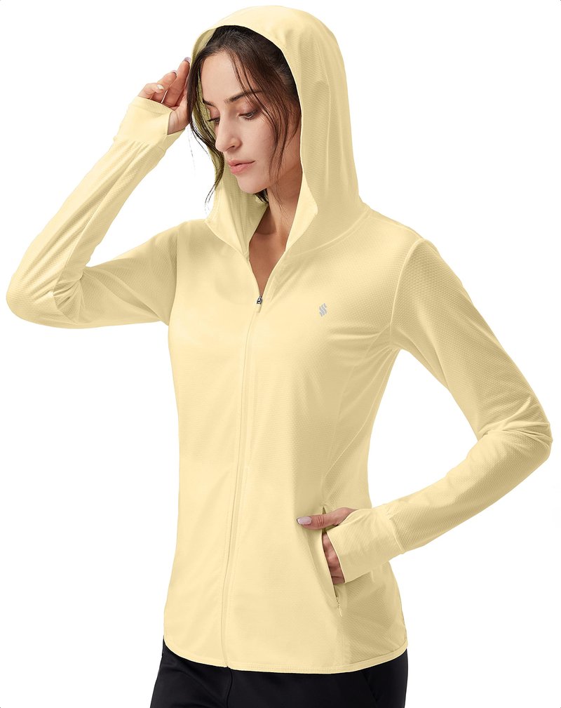 Soothfeel Women's UPF 50+ Sun Protection Hoodie Jacket Lightweight Long Sleeve Sun Shirt for Women with Pocket Hiking Outdoor Light Yellow 3XL