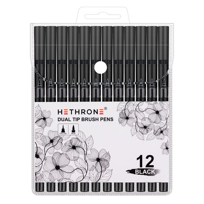 Hethrone Black Markers for Drawing - Brush Pens with Felt Tips for Artists - Calligraphy Pens, 12 Pack