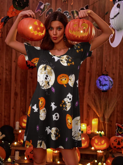 BELAROI Womens Plus Size Halloween Dresses Short Sleeve Swing Tunic Tshirt Dress Pumpkin, Witch, Horror Pattern Print Halloween Costumes(2X,Flower42)