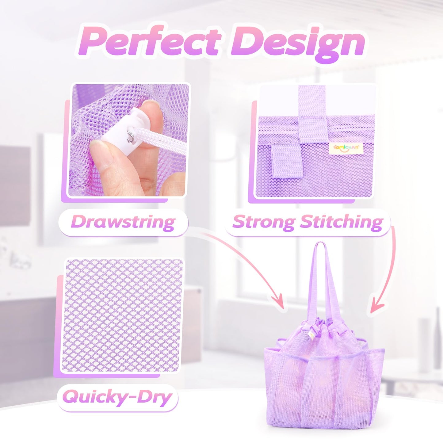 famichan Mesh Shower Caddy Portable with Drawstring, Dorm Room Essentials for College Students Girl & Boy, Larger Shower Bag for Camping,Swimming,Gym,Travel,Bathroom - Purple