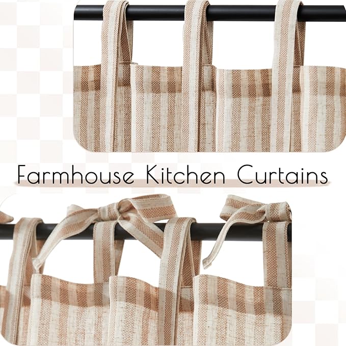 jinchan Tie Top Linen Kitchen Curtains 24 Inch Length Striped Tier Curtains Ticking Stripe Small Drapes for Living Room Bathroom Cafe Small Window Farmhouse Rustic Rod Pocket 2 Panels Tan