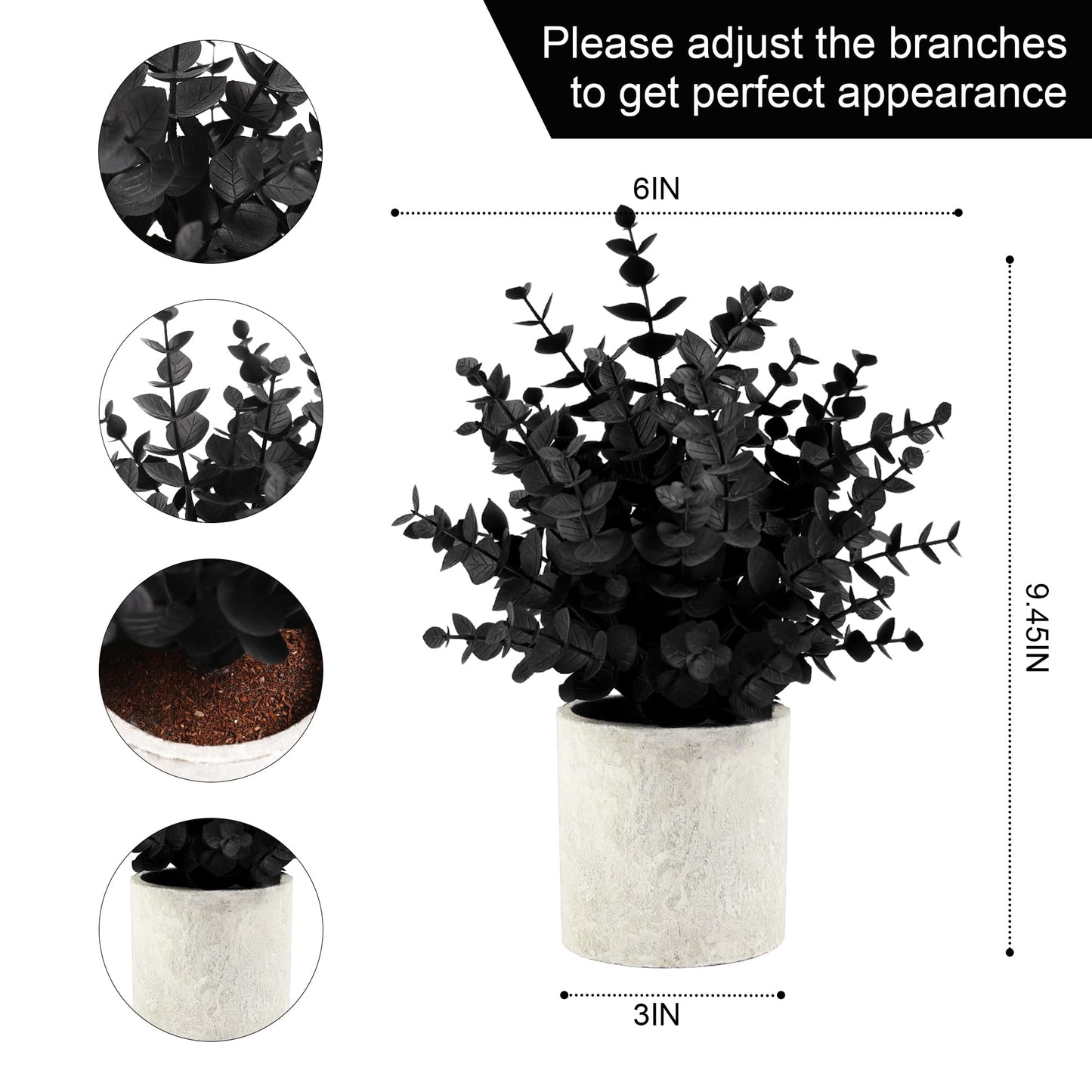 2 Pack Black Fake Eucalyptus Small Fake Plants Potted Artificial Plants for Halloween Decorations Shelf Desk Home Farmhouse Room Coffee Table Bathroom Decor(Black)