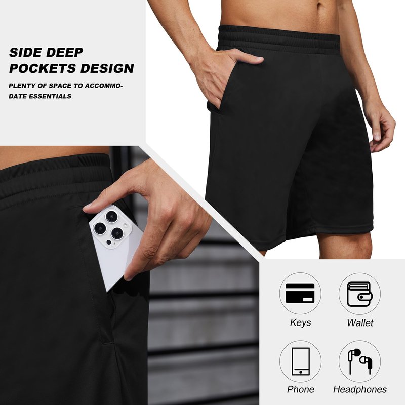 BVNSOZ Men's Athletic Shorts with Pockets and Elastic Waistband Quick Dry Workout Shorts for Men, Black, Navy, Blue, Dark Grey, Light Grey, L