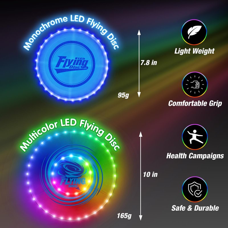 HYES 2 Pack Light up Flying Discs for Kids, Rechargeable Disc with 45 LEDs, 14 Lighting Modes(10")&Built-in Battery Disc(7.8"), Glow in The Dark Ring for Beach/Camping/Outdoor Sport