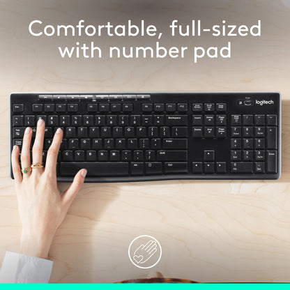 Logitech K270 Wireless Keyboard for Windows, 2.4 GHz Wireless, Full-Size, Number Pad, 8 Multimedia Keys, 2-Year Battery Life, Compatible with PC, Laptop, QWERTY UK English Layout - Black