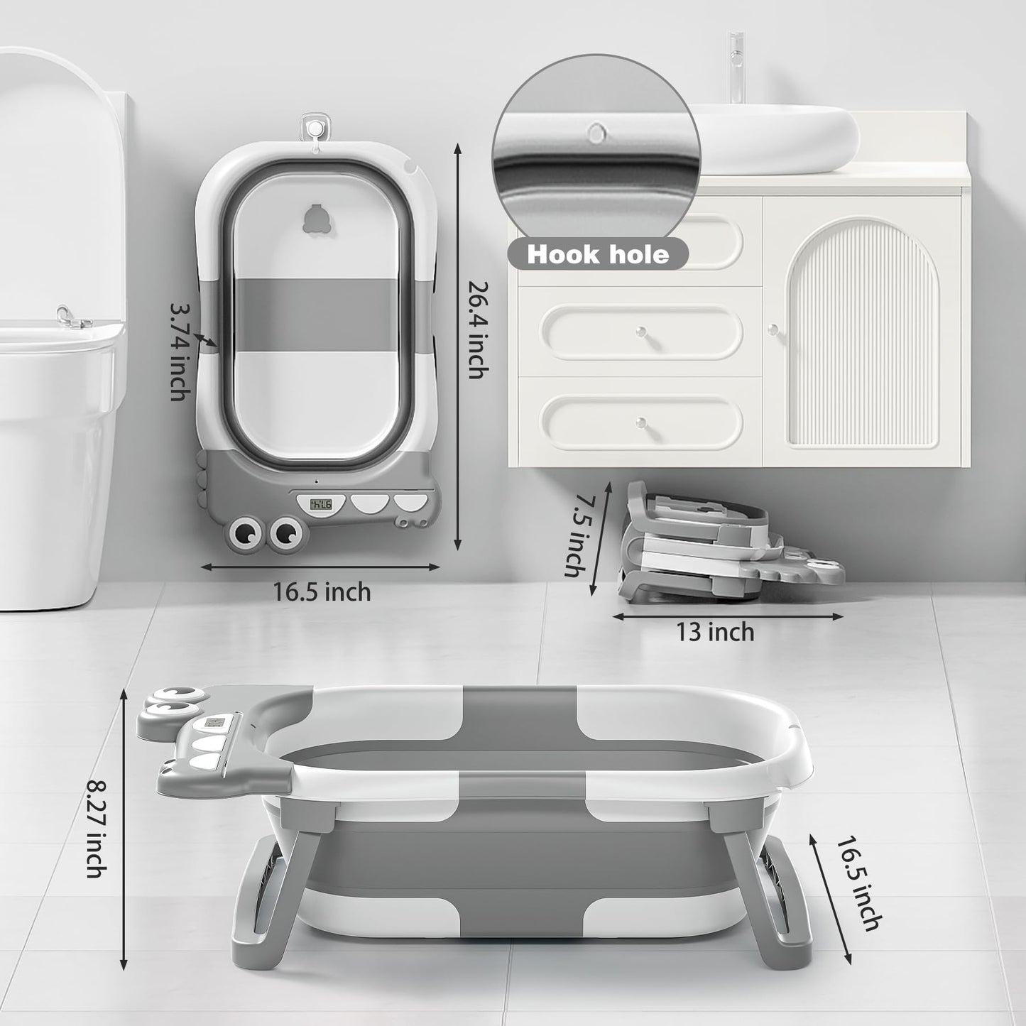 Collapsible Baby Bathtub for Newborn, Foldable Baby Bath Tub with Thermometer & Soft Floating Cushion & Drain Hole, Portable Travel Infant Bath Tubs for Newborns to Toddlers 0-36 Months Boys, Grey