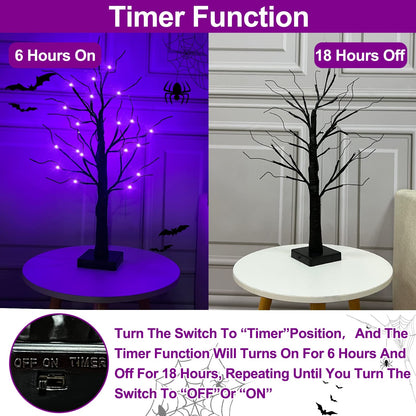 2 Pack 24 Inch Purple Lighted Halloween Birches Tree Decor with Timer Total 48 LED Battery Operated Tabletop Artificial Black Spooky Tree Halloween Decorations for Indoor Home Holiday Party