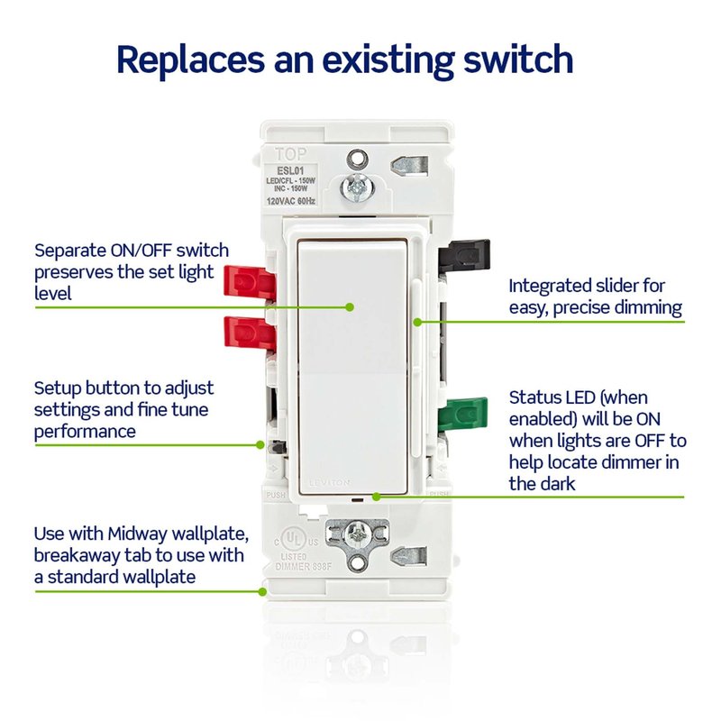 Leviton Lever Edge Rocker Slide Dimmer Switch for LED/Incandescent Bulbs, 150 Watt, Single Pole or 3-Way, ESL01-1LW, White