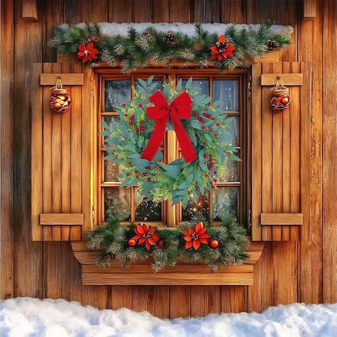 20 Inch Christmas Wreath for Front Door,Artificial Realistic Green Leaves with Red Bow, Used for Window, Wall, Porch, and Other Indoor and Outdoor Home Decorations