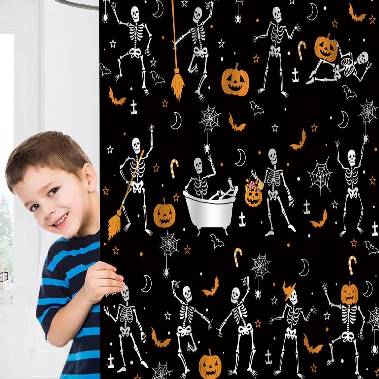 Atwqevon Halloween Shower Curtain, Ghost Shower Curtain Set, Black Fall Shower Curtains for Bathroom Decor, Spooky Shower Curtain Halloween Curtains, Waterproof Bathroom Curtain with Hooks 72"X72"