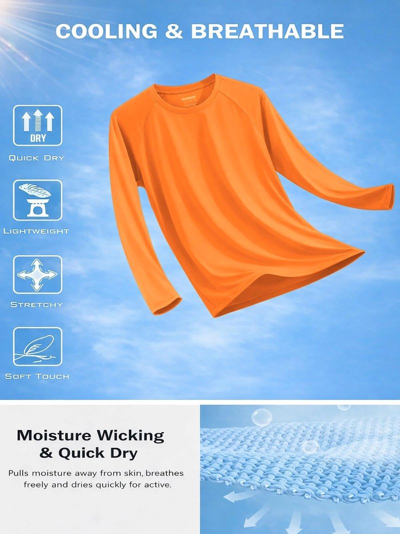 KINGFEN Rash Guard for Men Long Sleeve Swimming Shirts Quick Dry UV Fishing Shirts Lightweight Sun Protection Hiking Tee Mens Orange