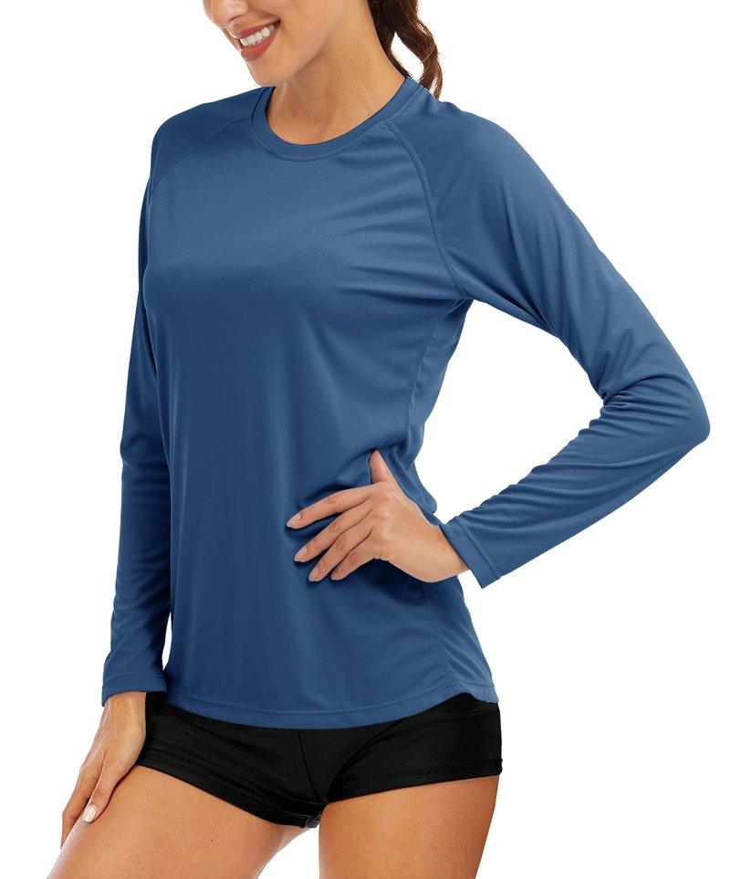 MAGCOMSEN Women's Fitted Running Shirts - Sun Protection Rashguard Long Sleeve Shirts Blue Grey