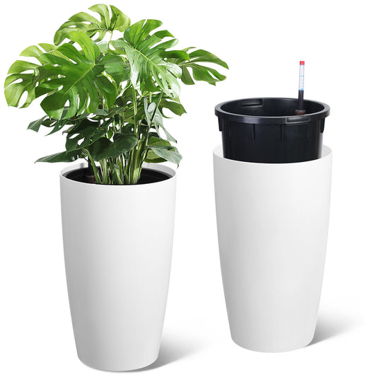 Garvee Tall Planters for Outdoor Plants, 22 in Large Planters Set of 2, Outdoor & Indoor Planters with Water Level Monitor ＆ Inner Bucket, Automatic Watering, for Porch, Patio, Backyard, White