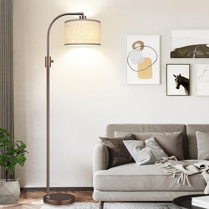 Upgraded Dimmable Floor Lamp, 1200 Lumens LED Bulb Included, Bronw Arc Floor Lamp with Linen Shade for Living Room, Bedroom, Reading Room, Nursery