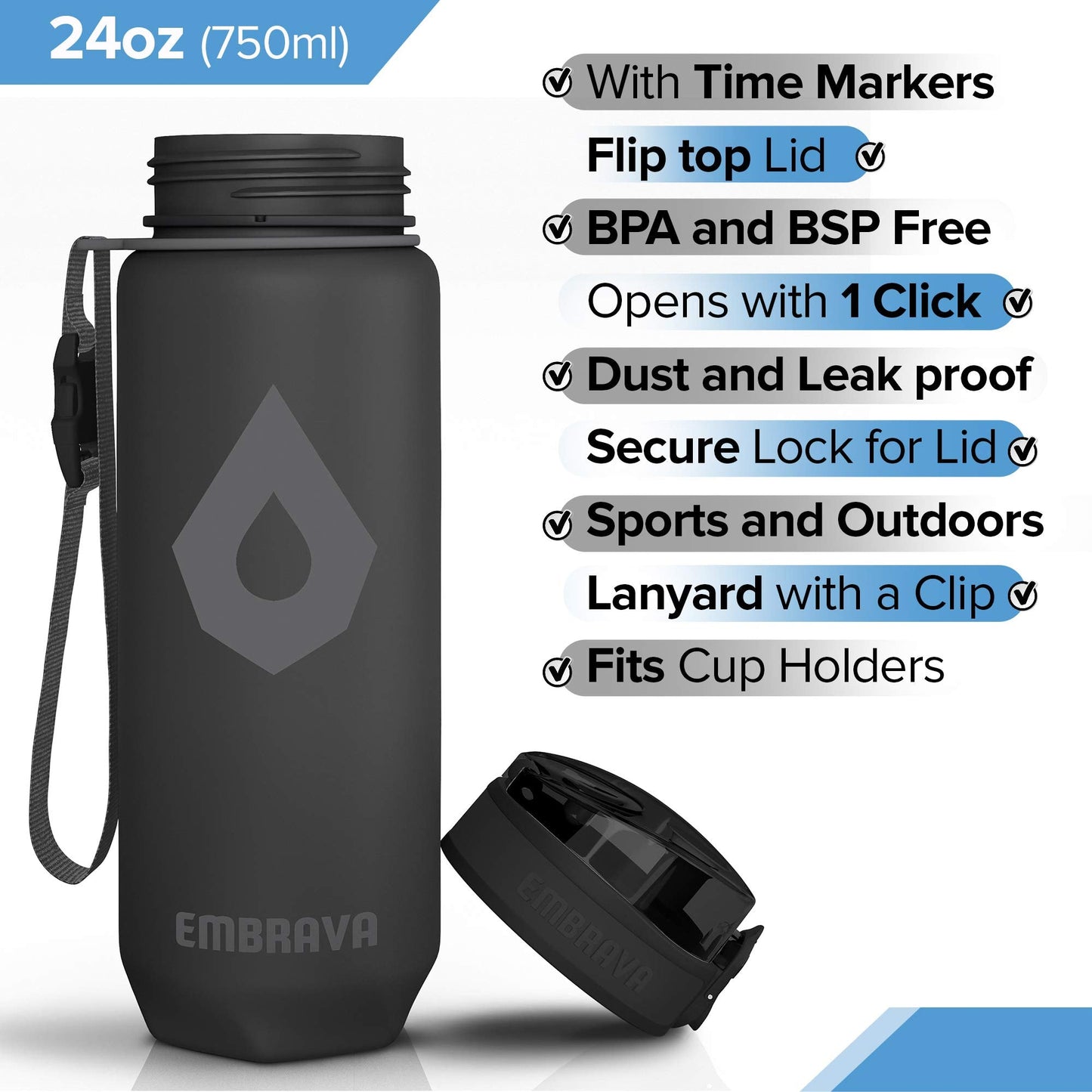Embrava 24oz BPA-Free Plastic Sports Water Bottle with Time Markers